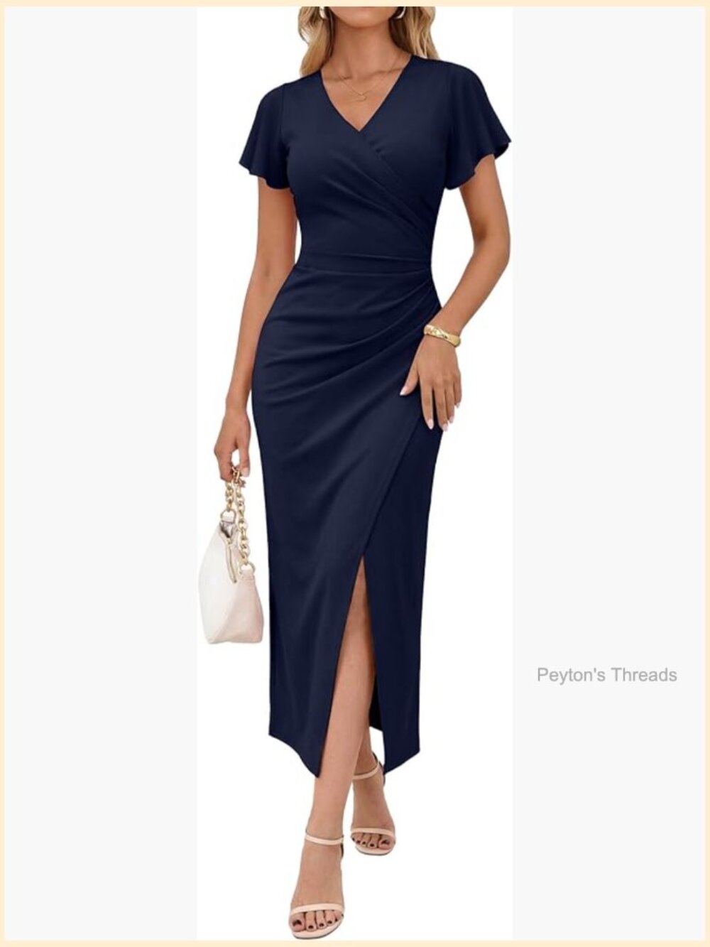 Ruffle Sleeve Faux Wrap Bodycon Ruched Side Slit Maxi Dress